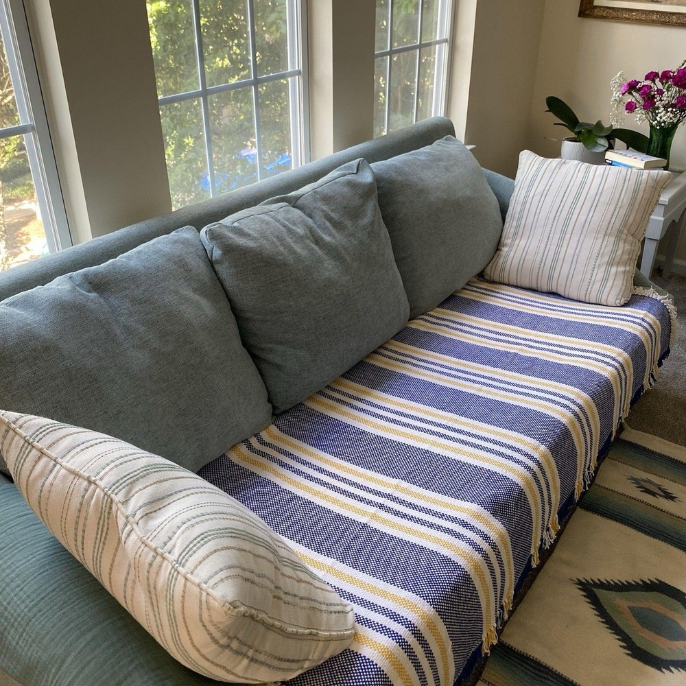 Pottery Barn Handwoven Throw Blanket 66x66"Navy Striped Modern Farmhouse Coastal